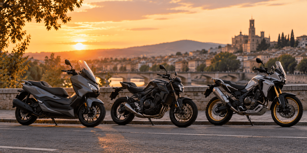 Marcas de moto más fiables: fila de motos japonesas y europeas aparcadas en una calle