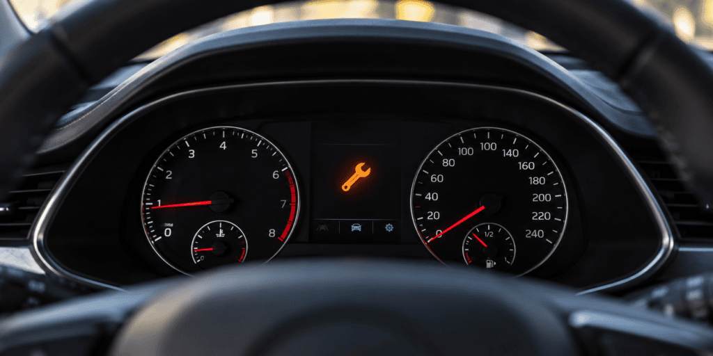 Testigo llave inglesa coche: símbolo naranja de llave inglesa iluminado en el cuadro de instrumentos
