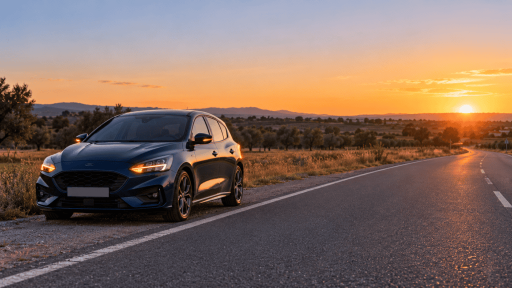 Ford Focus 1.6 TDCi se para en marcha: coche azul detenido en el arcén de una carretera al atardecer