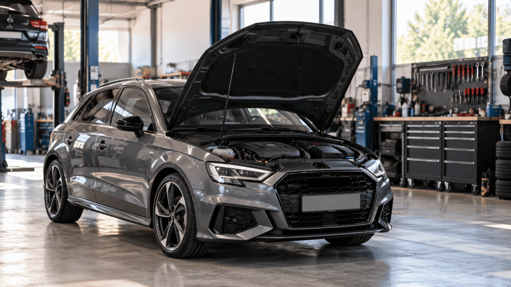 Audi A3 1.0 TFSI problemas: Audi A3 Sportback gris aparcado en un taller con el capó abierto