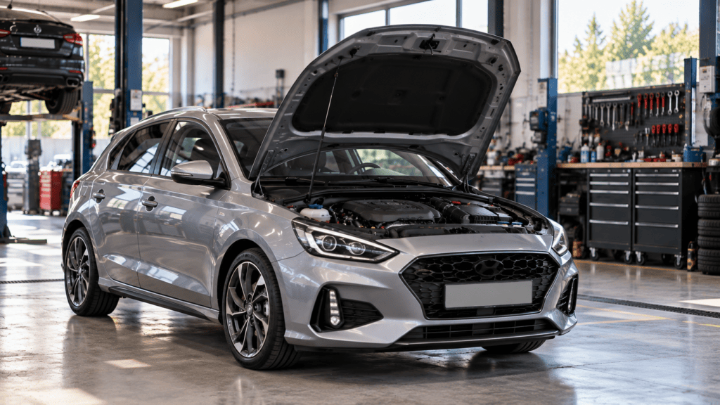 Hyundai i30 problemas: Hyundai i30 gris aparcado en un taller con el capó abierto