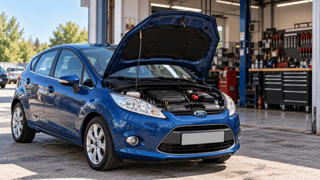 Ford Fiesta 1.6 TDCi problemas: Ford Fiesta azul aparcado en un taller con el capó abierto