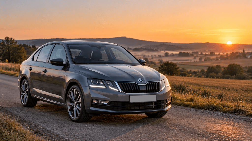 EPC Skoda Octavia: Skoda Octavia gris visto de frente en una carretera de campo