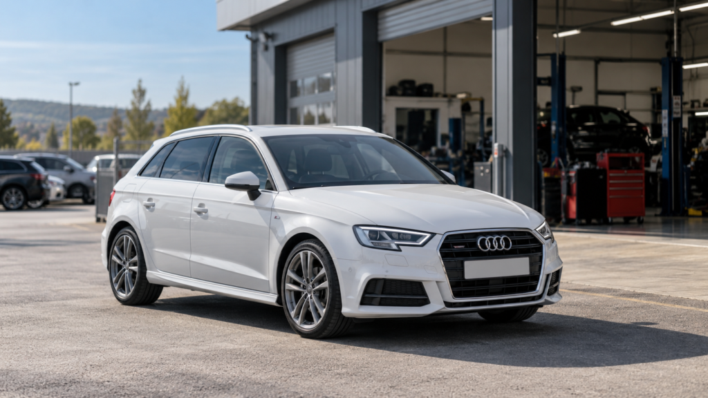 EPC Audi A3: Audi A3 Sportback blanco aparcado frente a un taller mecánico