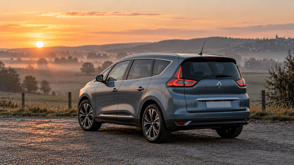 Testigos Renault Scénic: Renault Grand Scénic gris aparcado junto a un campo al amanecer