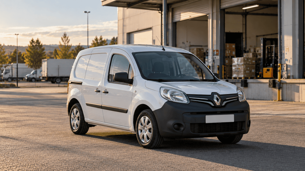 Testigos Renault Kangoo: Renault Kangoo blanco aparcado junto a una nave de reparto