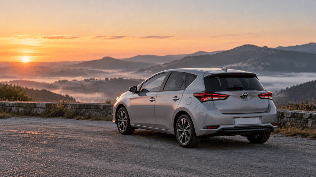 Testigos Toyota Auris: Toyota Auris híbrido gris plata aparcado en un mirador al amanecer