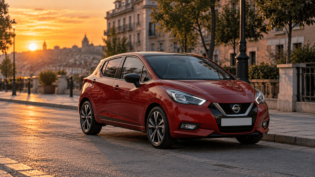 Testigos Nissan Micra: Nissan Micra rojo aparcado en una calle de ciudad al atardecer