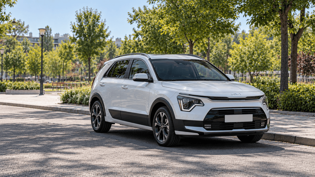 Testigos Kia Niro: Kia Niro blanco híbrido aparcado junto a un parque urbano al mediodía