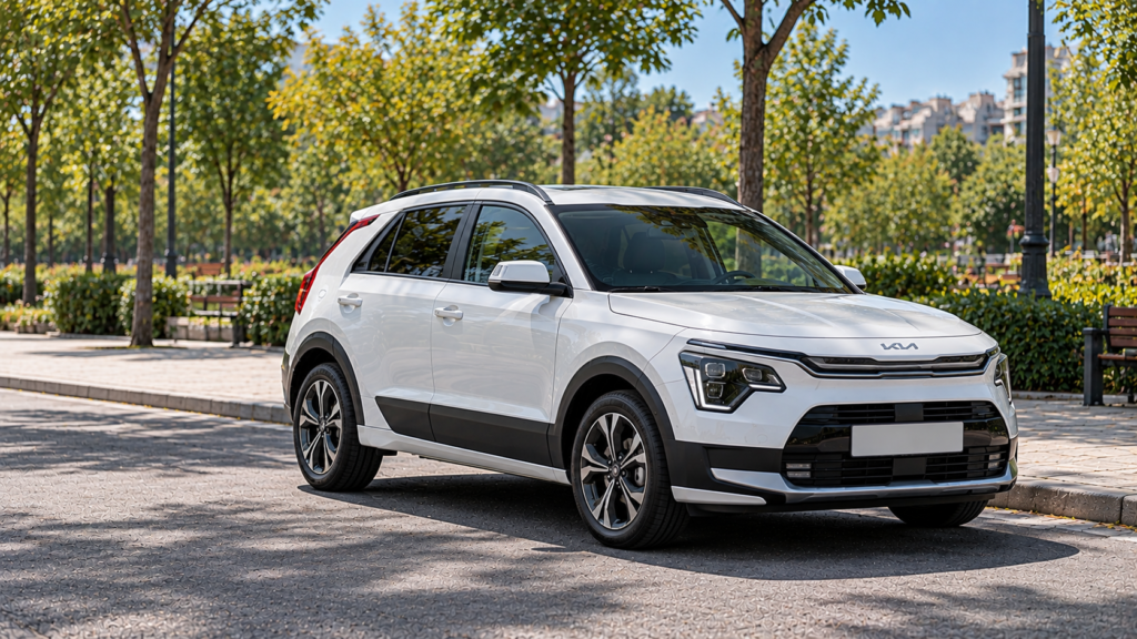 Testigos Kia Niro: Kia Niro blanco híbrido aparcado junto a un parque urbano al mediodía