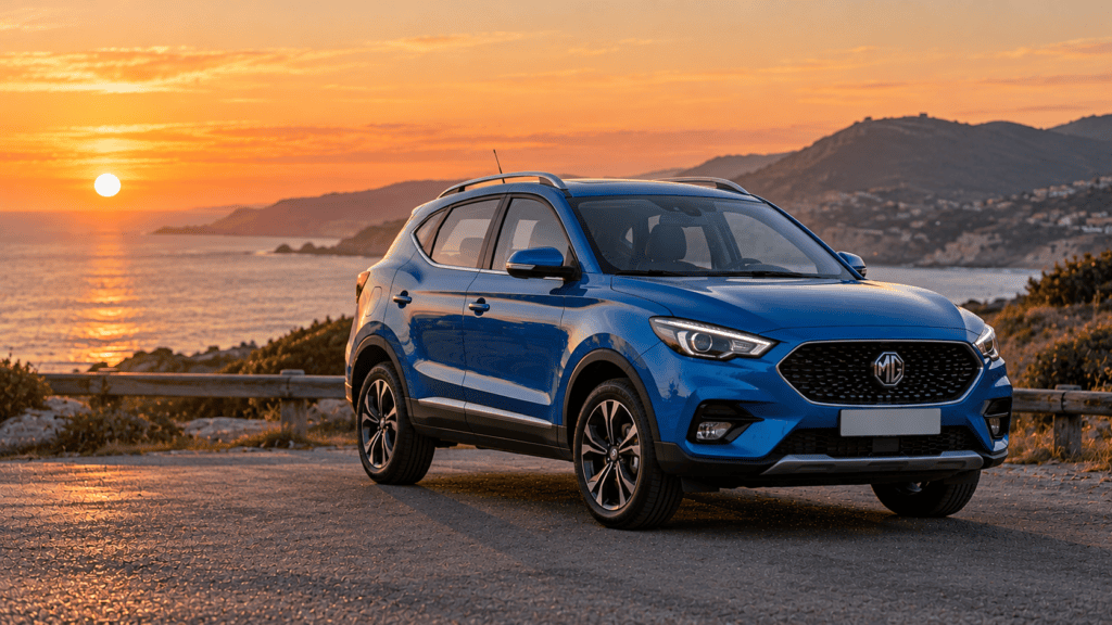 Testigos MG ZS: MG ZS azul aparcado junto a una carretera de costa al atardecer