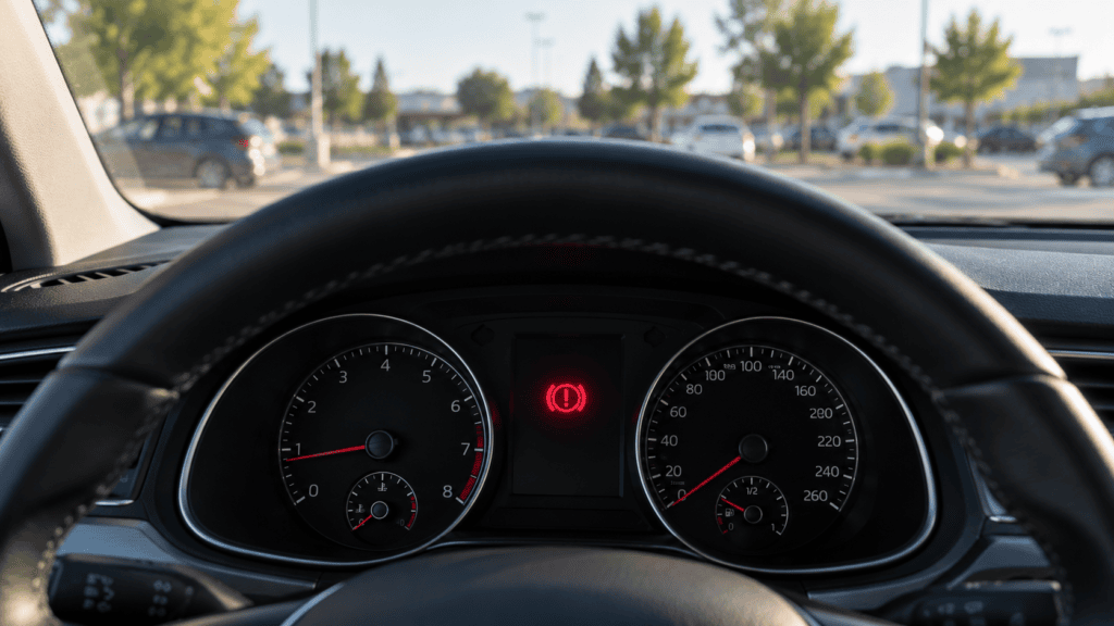 Testigo freno rojo encendido en el cuadro de instrumentos de un coche con el freno de mano