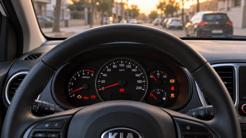 Cuadro de instrumentos de un Kia Picanto con los testigos Kia Picanto encendidos