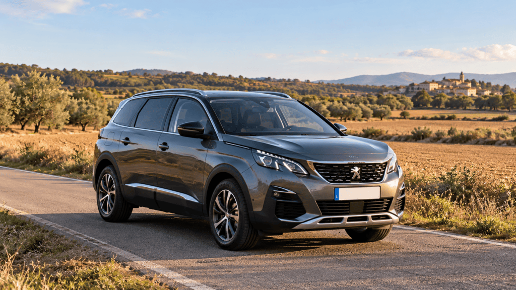 Peugeot 5008 familiar visto de tres cuartos en una carretera secundaria: guía de testigos peugeot 5008