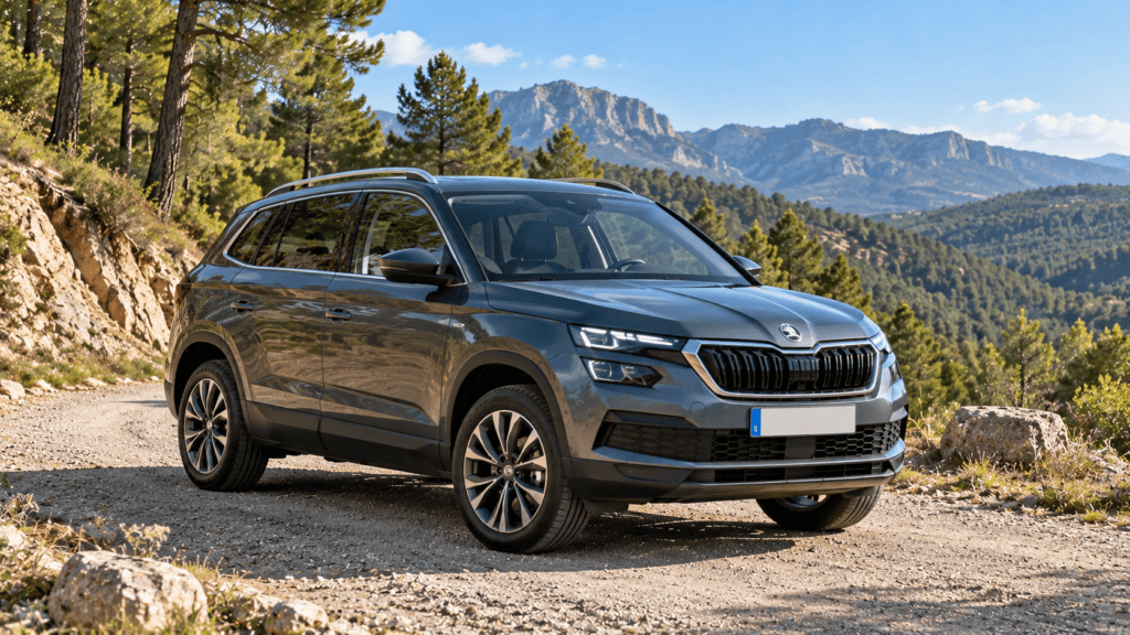 Skoda Karoq en una pista de montaña con bosque al fondo: guía de testigos skoda karoq