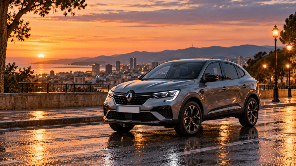 Renault Arkana en una calle de ciudad al atardecer con asfalto mojado: guía de testigos renault arkana