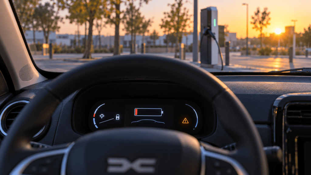 Cuadro de instrumentos del Dacia Spring eléctrico con el indicador de batería y el cable de carga: guía de testigos dacia spring