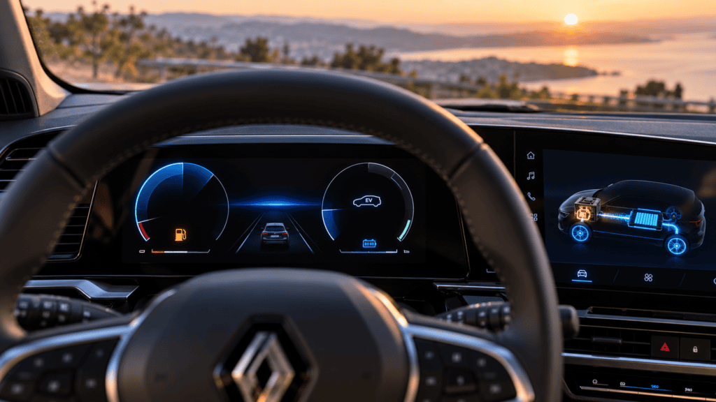 Cuadro de instrumentos del Renault Austral E-Tech híbrido con el flujo de energía en pantalla: guía de testigos renault austral