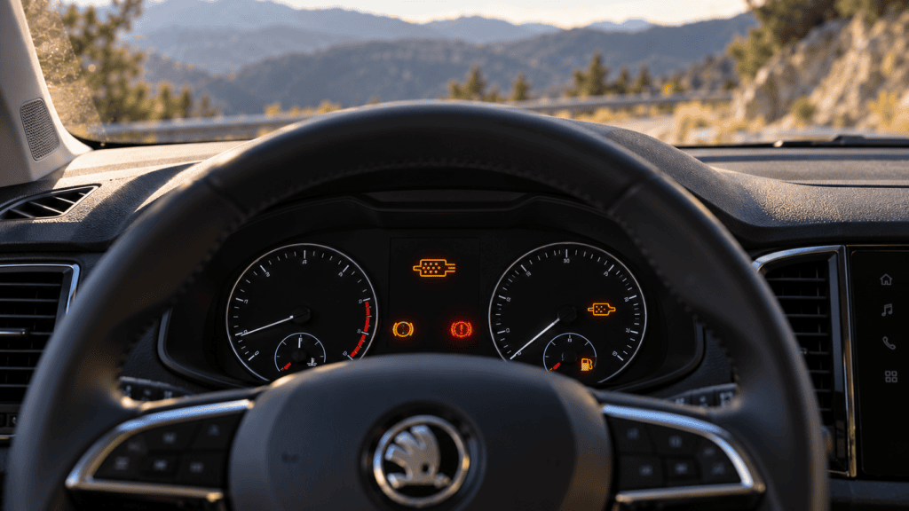 Cuadro de instrumentos del Skoda Karoq con testigos de frenos y filtro de partículas encendidos: guía de testigos skoda karoq