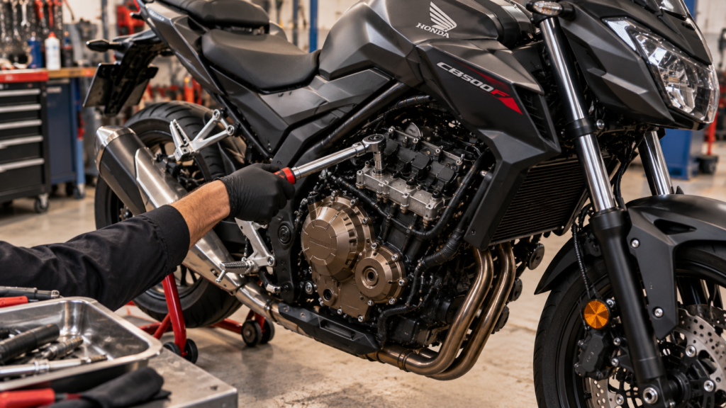 Honda CB500F en un taller con el vano del motor bicilíndrico a la vista: guía de fallos honda cb500