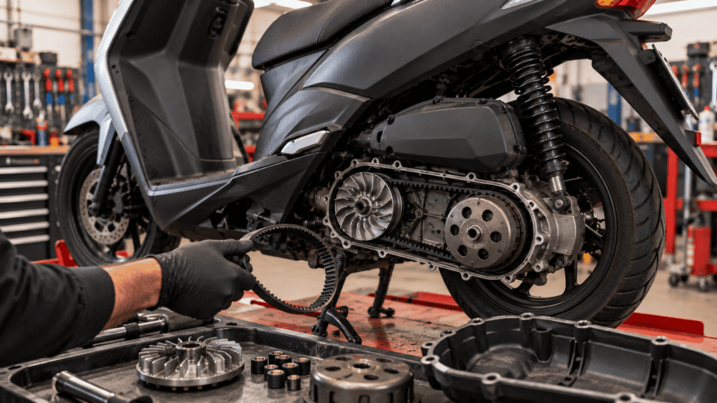 Scooter Kymco Agility 125 con la tapa de la transmisión abierta en un taller: guía de fallos kymco agility 125